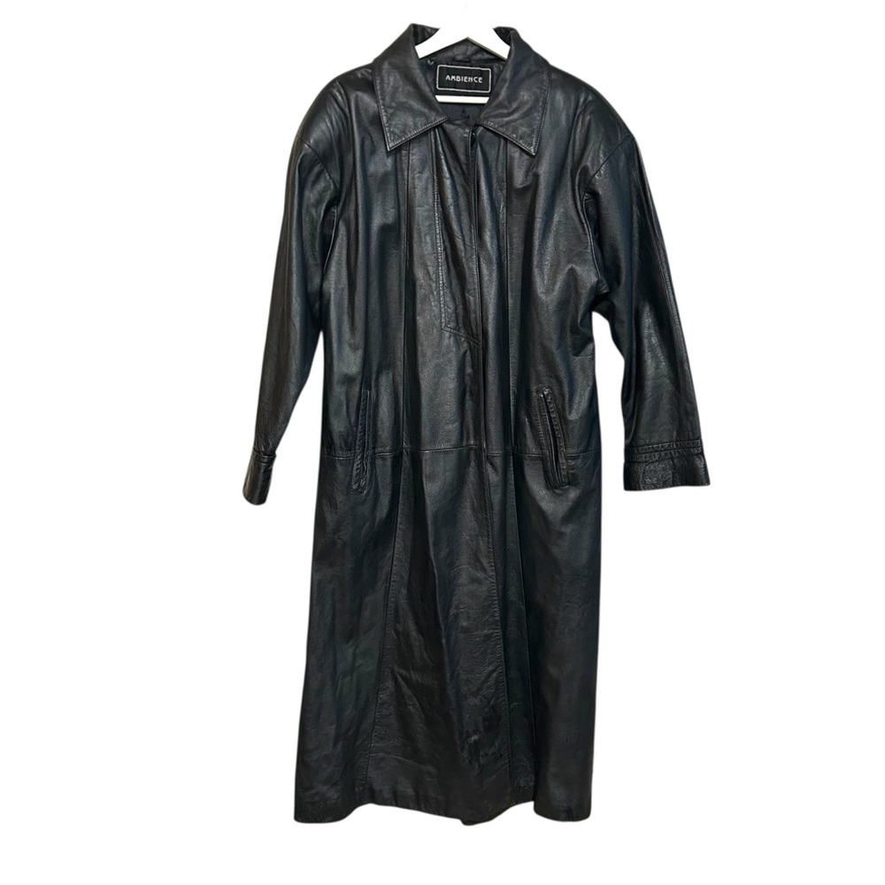 Vintage L leather jacket trench coat button down‎ lined blazer collar 90s goth